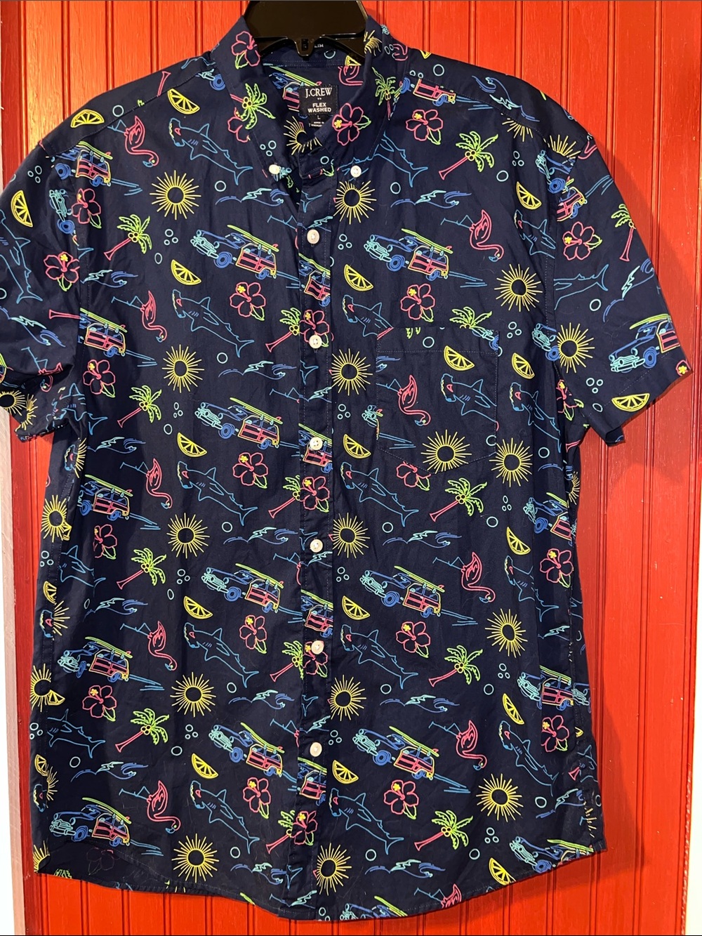 J. Crew Men’s Short Sleeve Slim Fit Flex Washed Navy Shirt Party Vacation L